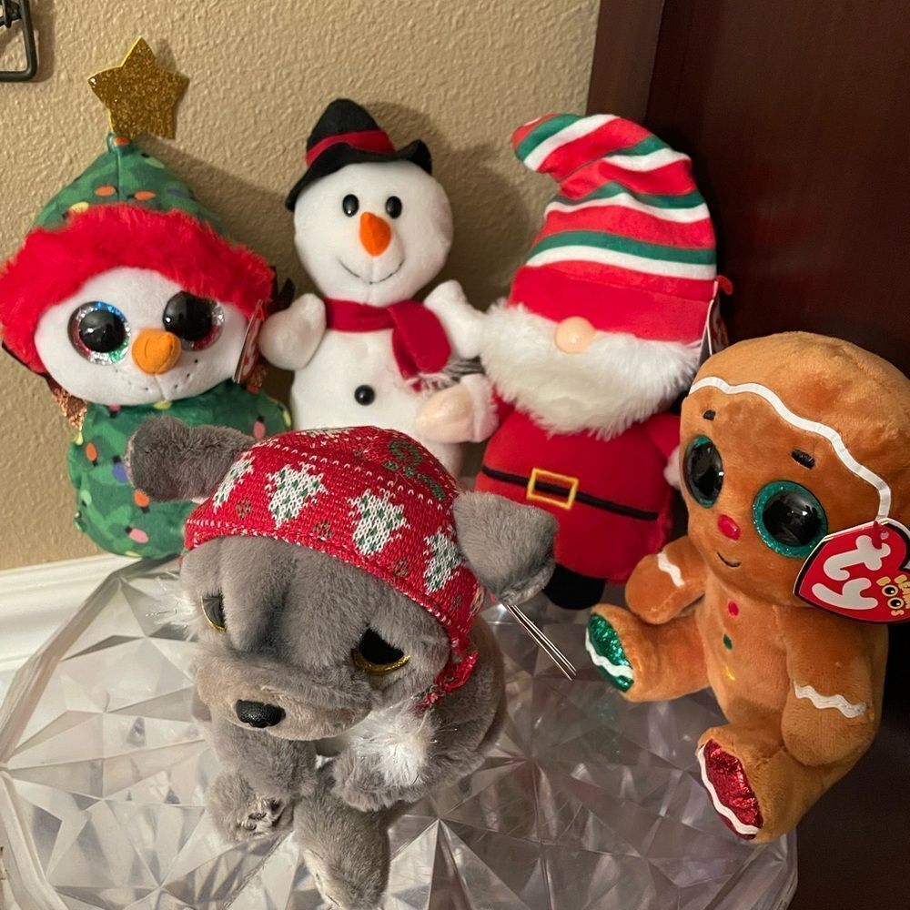 TY Christmas Plush FRENCH BULL DOG Santa Snowman Gingerbread Man Lot of 5!